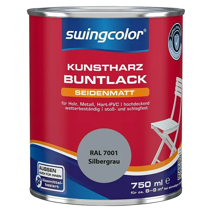 swingcolor Buntlack Kunstharz für AußenSilbergrau, Seidenmatt, 750 ml, Lösemittelbasiert - Dose Kunstharz-Buntlack "swingcolor" in Silbergrau (RAL 7001), seidenmatt, für Holz, Metall und Hart-PVC, ideal für Innen- und Außenbereiche.