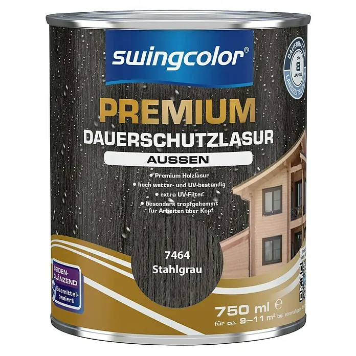 swingcolor Premium Holzlasur - Stahlgrau, 750 ml, Seidenglänzend - Farbdose Swingcolor Premium Dauerschutzlasur Aussen, Farbton Stahlgrau, 750 ml für langanhaltenden Holzschutz im Außenbereich.