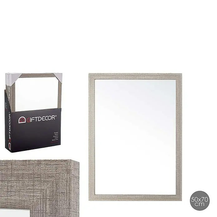 Espejo con marco - 55,5 x 75 cm, Gris, Plástico - Imagen de un espejo GIFTDECOR con marco gris, tamaño 50x70 cm, y embalaje. Versátil para cualquier estancia, decorativo y funcional.