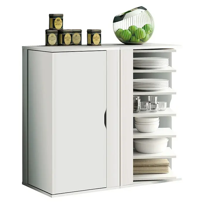 Muebles Pitarch Zapatero Naia - L x An x Al: 47 x 47 x 90 cm, Blanco - Un armario de cocina blanco con estantes abiertos llenos de platos, vasos y cuencos. Tarros de especias y frutero encima.