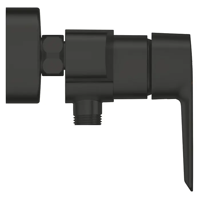 Grohe Start Grifo monomando de ducha - Negro, Mate, Metal - Primer plano de una llave de escuadra negra con manija. La llave de escuadra tiene un diseño elegante y moderno y es apta para aplicaciones sanitarias.