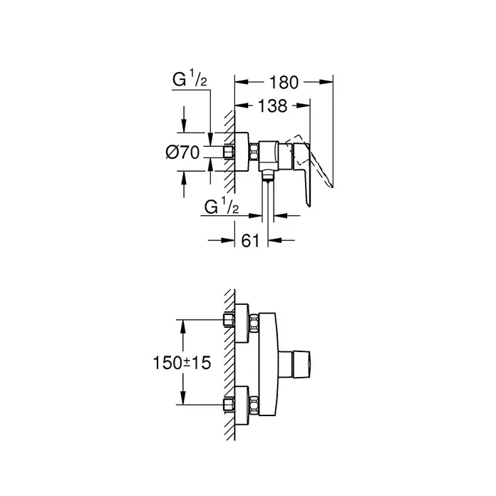 Grohe Start Grifo monomando de ducha - Negro, Mate, Metal - Dibujo técnico de un mezclador de ducha con dimensiones para la instalación.
