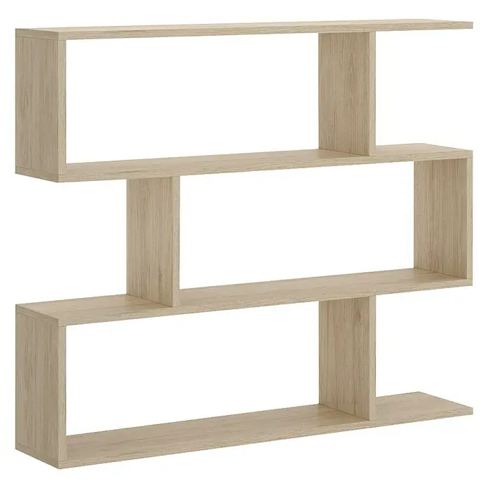 Dekit Estantería de madera Lis - Al x An x Pr: 96 x 110 x 25 cm, Número de baldas: 3 ud., Atornillado, Natural - Estantería moderna de madera clara con diseño abierto y compartimentos asimétricos para un almacenamiento y exhibición elegantes.