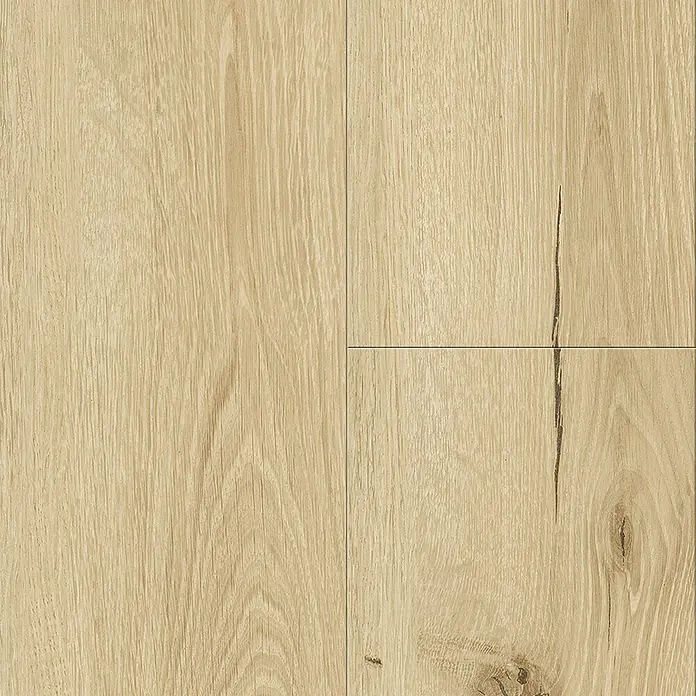 Vinylboden SPC Rigid - Eiche Zermatt, Landhausdiele, 1.220 x 180 x 4,5 mm - Nahaufnahme von hellem Eichenparkett mit sichtbarer Holzstruktur und Maserung. Das Bodenmaterial verspricht Wärme und Natürlichkeit im Raum.