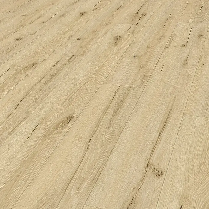 Vinylboden SPC Rigid - Eiche Zermatt, Landhausdiele, 1.220 x 180 x 4,5 mm - Nahaufnahme von hellem Laminatboden mit Holzmuster, ideal für moderne Innenräume und einfache Installation.