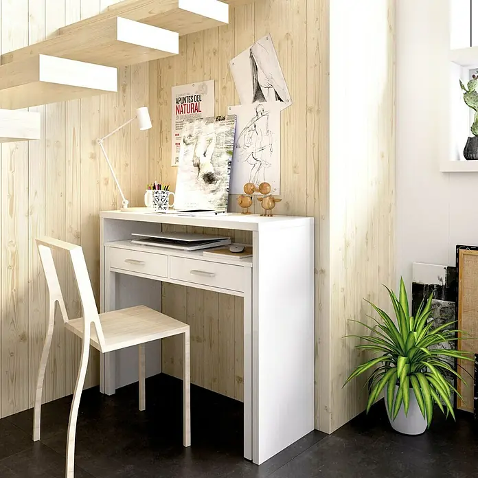 Dekit Mesa de escritorio extensible Seven - L x An x Al: 36 x 99 x 88 cm, Blanco - El escritorio moderno con cajones y una silla minimalista proporciona un espacio de trabajo elegante para el hogar o la oficina.