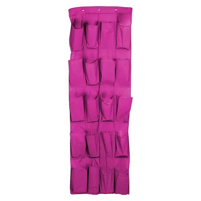 Jocca Organizador de armario - L x An: 135 x 48 cm, Número de compartimentos: 20 ud., Rosa - Imagen de un organizador de zapatos de tela para colgar sobre la puerta con múltiples bolsillos. El organizador de zapatos es de un rico y brillante color magenta.