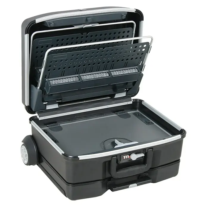 Hepco & Becker Werkzeugkoffer Vision 2100 mit abnehmbaren Trolley - L x B x H: 415 x 540 x 280 mm - Abgebildeter mobiler Aktenkoffer mit ausziehbaren Fächern, der eine organisierte Aufbewahrung von Dokumenten ermöglicht und sich leicht transportieren lässt.