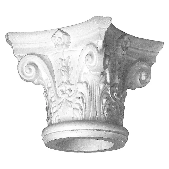 Dekoelement Halbsäule Kapitell D2/H - 18 x 30,5 cm, Expandiertes Polystyrol (EPS) - Nahaufnahme eines kunstvollen Kapitells, das die filigranen Details und die klassische Architektur hervorhebt.