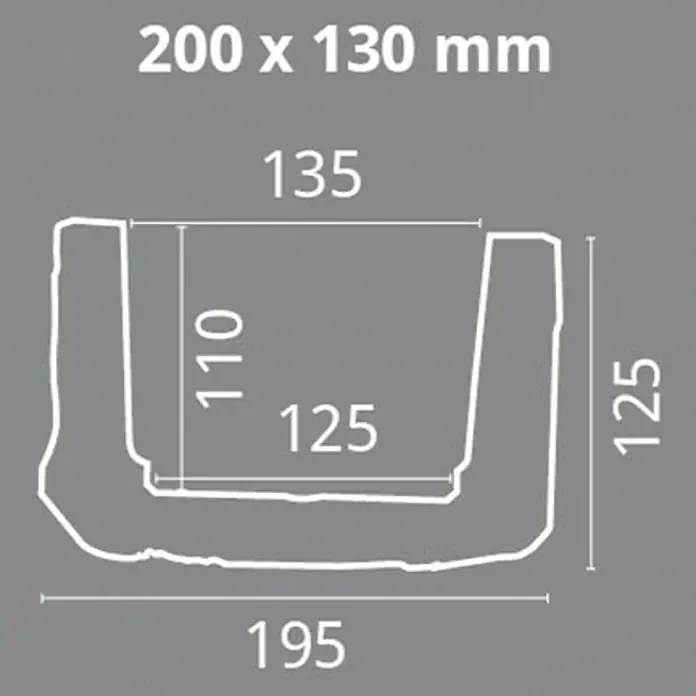 Dekobalken - Weiß, 200 x 19,5 x 12,5 cm, Polyurethan - Schemazeichnung eines grauen U-förmigen Betonpflanzkastens mit Maßangaben. Größe: 200 x 130 mm.