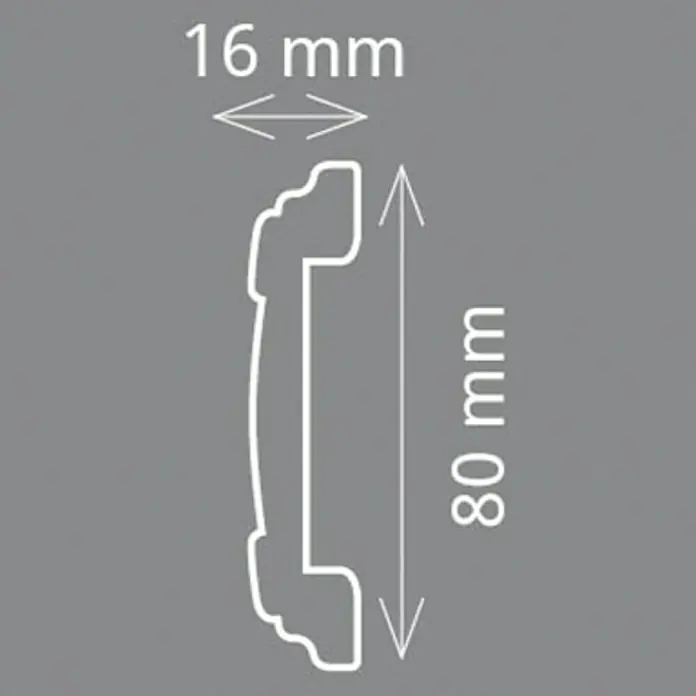 Wandleiste CW 13 - 200 x 1,6 x 8 cm, Weiß, Extrudiertes HD-Polymer - Profilansicht einer Zierleiste mit den Maßen 16 mm Breite und 80 mm Höhe. Dekoratives Element für Innenausbau und Gestaltung.