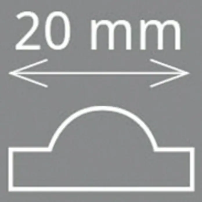 Zierprofil Modern I 20 - 200 x 2 x 1 cm, Extrudiertes Polystyrol (XPS) - Zeichnung einer Komponente mit den Maßen 20 mm, dargestellt durch einen Doppelpfeil oberhalb des Produkts.