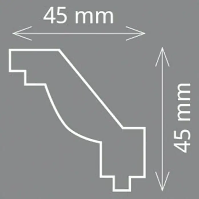 Zierprofil Modern JO - 200 x 4,5 x 4,5 cm, Extrudiertes Polystyrol (XPS) - Abbildung eines Zierprofils mit den Maßen 45mm x 45mm, ideal für stilvolle Raumgestaltung und dekorative Akzente an Wänden und Decken.