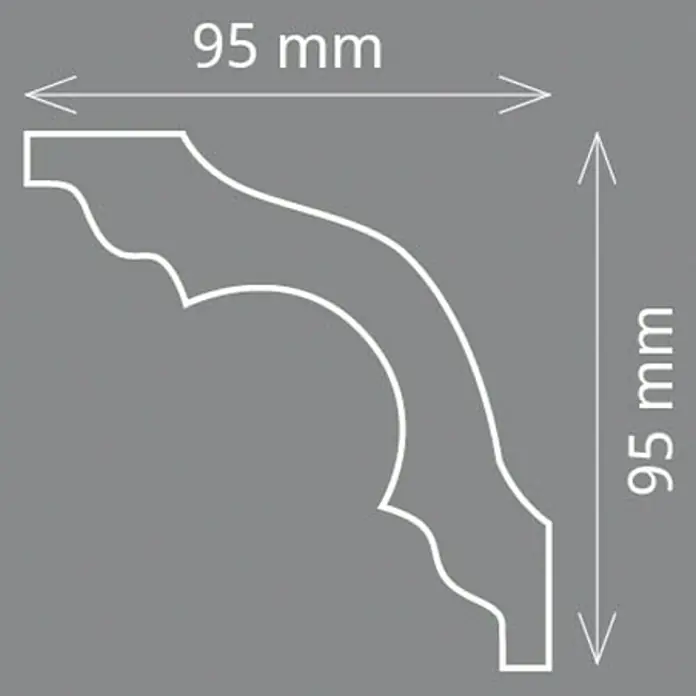 Zierprofil Modern K 130 - 200 x 9,5 x 9,5 cm, Extrudiertes Polystyrol (XPS) - Abbildung eines dekorativen Eckprofils mit den Maßen 95 mm x 95 mm, ideal für elegante Innenraumgestaltungen.