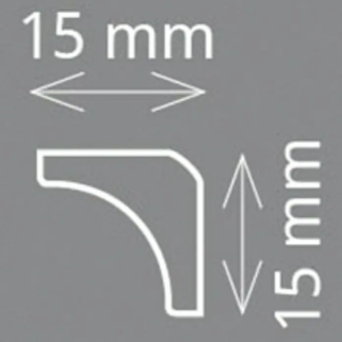 Zierprofil Modern A 3 - 200 x 1,5 x 1,5 cm, Extrudiertes Polystyrol (XPS) - Abmessungen des Eckprofils mit einer Breite und Höhe von jeweils 15 mm, dargestellt in einer technischen Zeichnung.