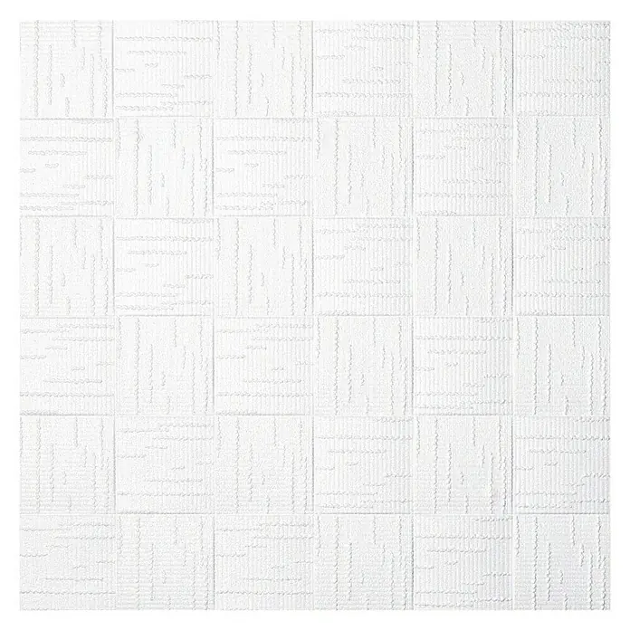 Deckenplatte Iris - 50 x 50 cm, Weiß, 2 m², Polystyrol - Quadratische, weiße Wandfliesen mit vertikalen und horizontalen Texturstreifen, die ein Schachbrettmuster ergeben.