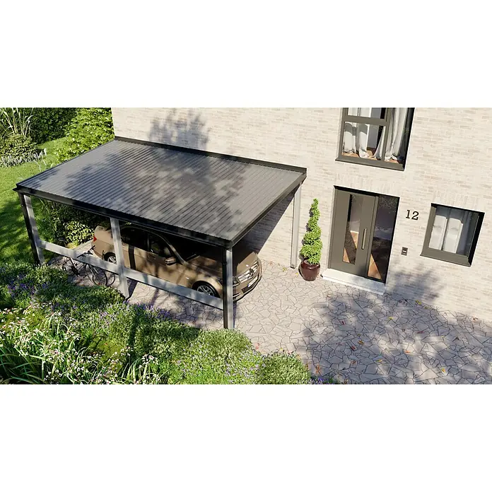 Metdach Dachblech Schwallblech - 200 cm x 90,6 cm x 0,4 mm, Rot - Das Bild zeigt ein modernes Carport mit einem grauen Dach, das an ein Wohnhaus mit weißer Fassade grenzt. Davor steht ein PKW.