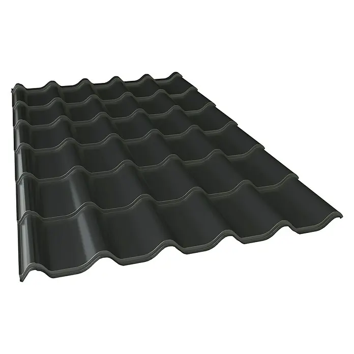 Metdach Metallziegel - Schwarz, 216 cm x 117 cm x 0,5 mm, Stahl - Dunkle Dachziegelplatte in gewellter Form, ideal für moderne Dacheindeckungen. Die Platte bietet Schutz und Ästhetik für jedes Gebäude.