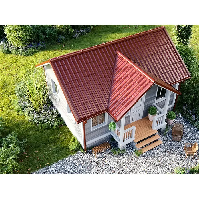 Metdach Metallziegel - Rot, 216 cm x 117 cm x 0,5 mm, Stahl - Rotes Ziegeldach eines charmanten Hauses mit gepflegtem Garten. Das Dach ist der Blickfang dieses idyllischen Anblicks.
