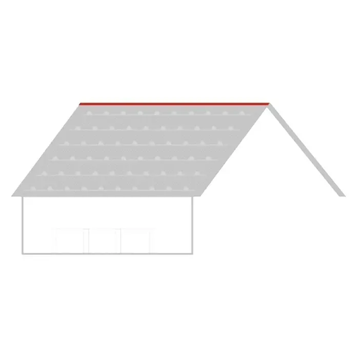 Metdach Dachfirst Gerade PP12 - Grün, Länge: 100 cm, Stahl - Abbildung eines Hauses mit roter Markierung auf dem Dach, die die Dachlinie hervorhebt. Das Dach ist hellgrau mit einer Reihe von kleinen, regelmäßigen Noppen.