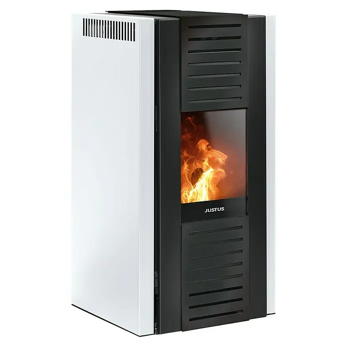 Justus Pelletofen Sirkos Aqua 2.0 - 2,5 kW - 9,4 kW, Raumheizvermögen: 200 m³, Material Verkleidung: Stahl, Seidenweiß/Schwarz - Justus Kaminofen mit weißem Gehäuse und schwarzer Front mit Sichtfenster, das ein realistisches Flammenspiel zeigt. Ideal für gemütliche Wärme.