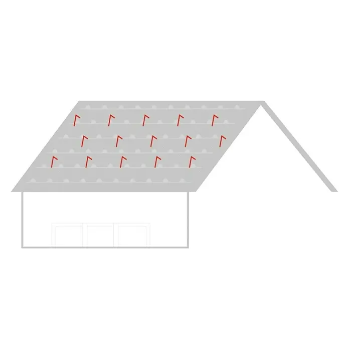 Metdach Schneefanghaken - Schwarz, 24 x 3 cm, Stahl - Illustration eines Hauses mit grauem Dach und roten Dachziegeln. Das Haus hat auch eine skizzenhafte Darstellung von Fenstern.