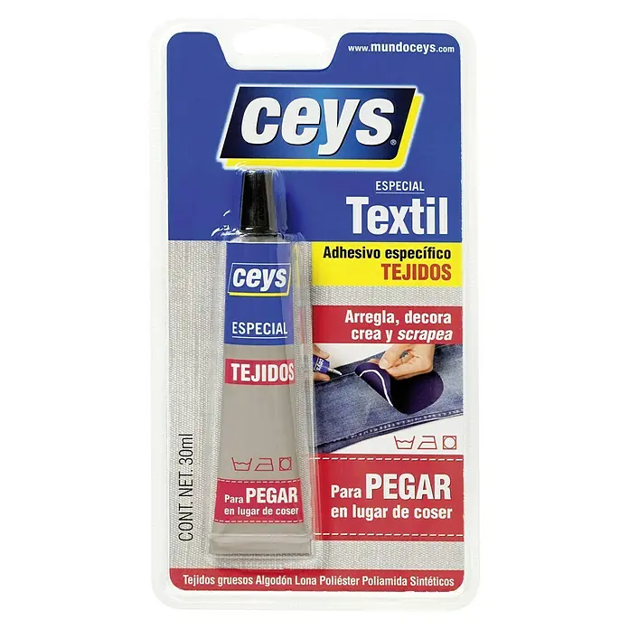 Ceys Adhesivo especial Textil - 30 g - Pegamento textil Ceys: Adhesivo especial para unir fácilmente textiles como algodón, lino, poliéster y más. Ideal para reparaciones y proyectos creativos.