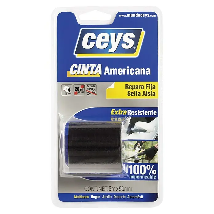 Ceys Film adhesivo americana - Negro, 5 m x 50 mm - Imagen de un rollo de cinta de reparación y sellado multiusos Ceys, apto para diversas aplicaciones en hogar, jardín, deportes y automoción.