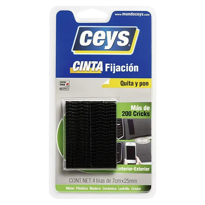 Ceys Cinta de doble cara Quita y pon - 7 cm x 25 mm, Negro - Paquete de velcro Ceys para fijación con 4 tiras de 7cmx25mm para muchos materiales, ideal para interiores y exteriores, con más de 200 Clicks.