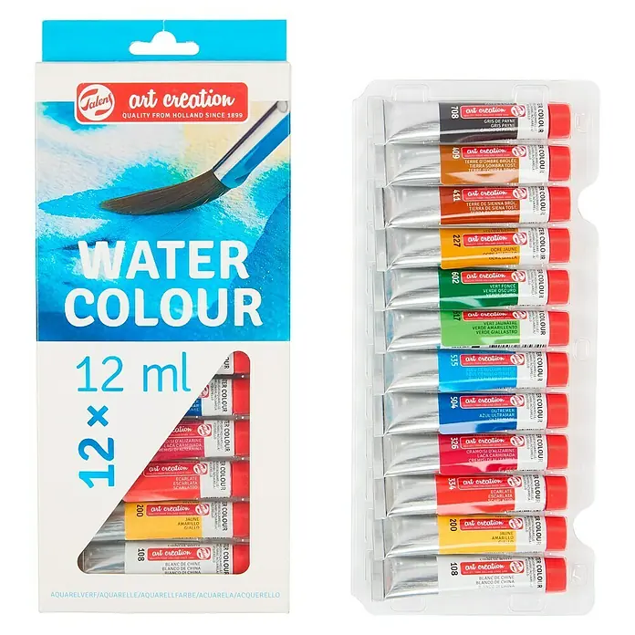 Talens Art Creation Set de acuarelas - Multicolor, 12 ud. x 12 ml, Tubo - Set de pintura de acuarela Talens Art Creation con 12 tubos de colores vivos de 12 ml cada uno, ideal para creaciones artísticas.