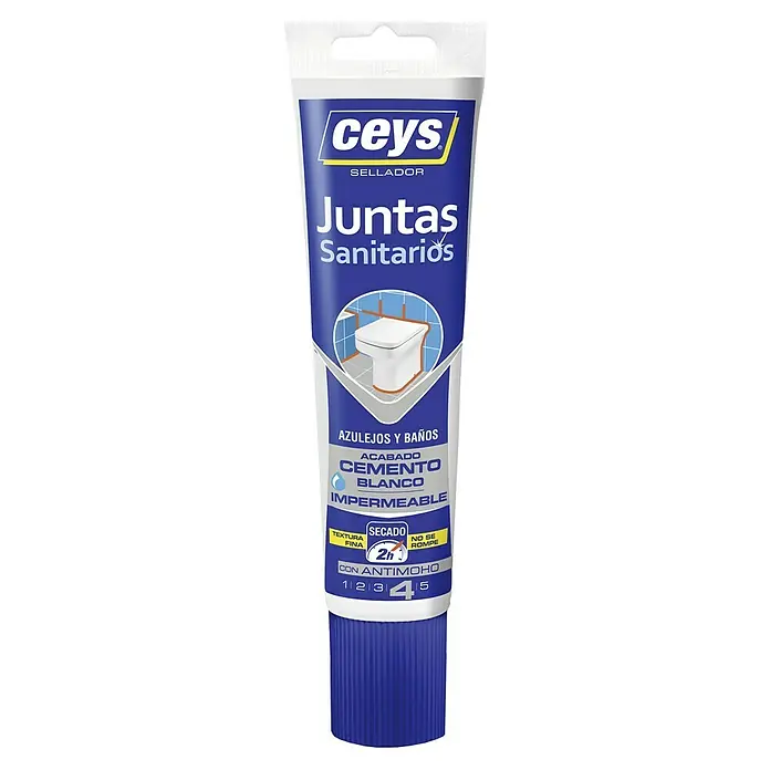 Ceys Silicona para sanitarios y cocinas - Blanco - Un tubo de sellador "Ceys Juntas Sanitarios" para baños e instalaciones sanitarias, ideal para azulejos y baños, blanco cemento e impermeable.