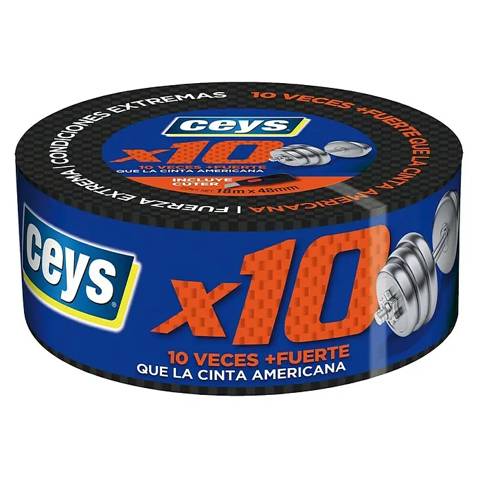 Ceys Film adhesivo x 10 - 18 m x 48 mm - Ceys X10: Cinta adhesiva azul extremadamente fuerte, 10 veces más fuerte que la cinta americana, con cúter, para condiciones extremas.