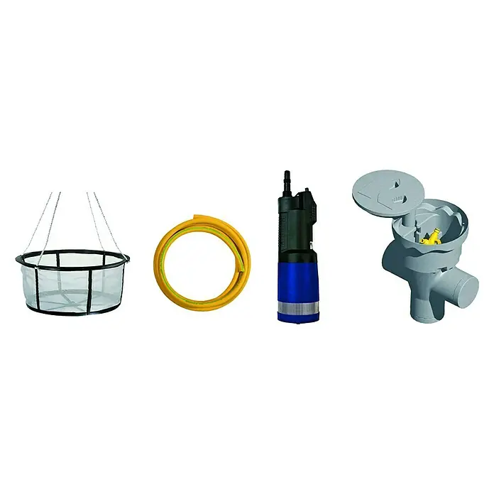 Aqua-King Entnahme-Set - Länge: 120 cm, Passend für: Aqua-King Regenwassertanks mit DN 600 - Abbildung eines Hebeanlagen-Sets mit Pumpe, Korb, Schlauch und Gehäuse für den Einsatz in Haus und Garten.