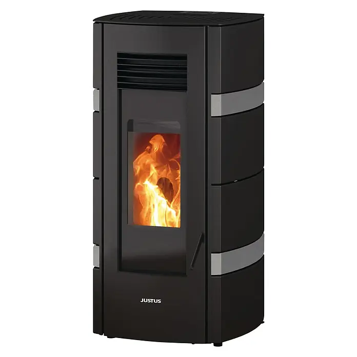 Justus Pelletofen Sia - Raumheizvermögen: 0 m³ - 200 m³, Beton/Schwarz - Ein Justus Kaminofen mit einer eleganten schwarzen Oberfläche und einem realistischen Flammenbild für eine gemütliche Atmosphäre.
