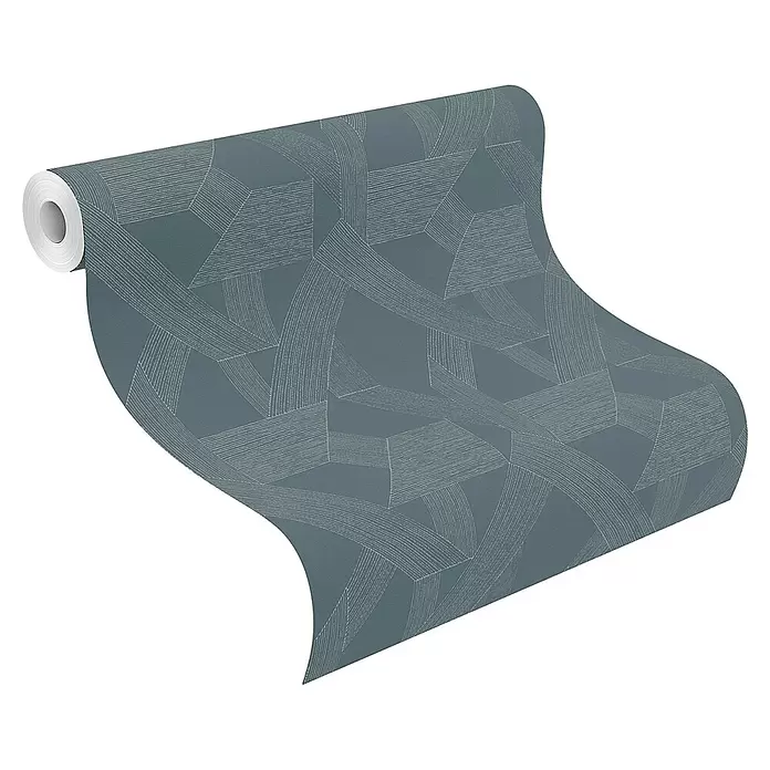 SCHÖNER WOHNEN-Kollektion Cosyliving Vliestapete LINES Grafik - Petrol-Silber, Grafisch, 10,05 x 0,53 m - Rolle türkisfarbener Tapete mit weißem geometrischem Muster.