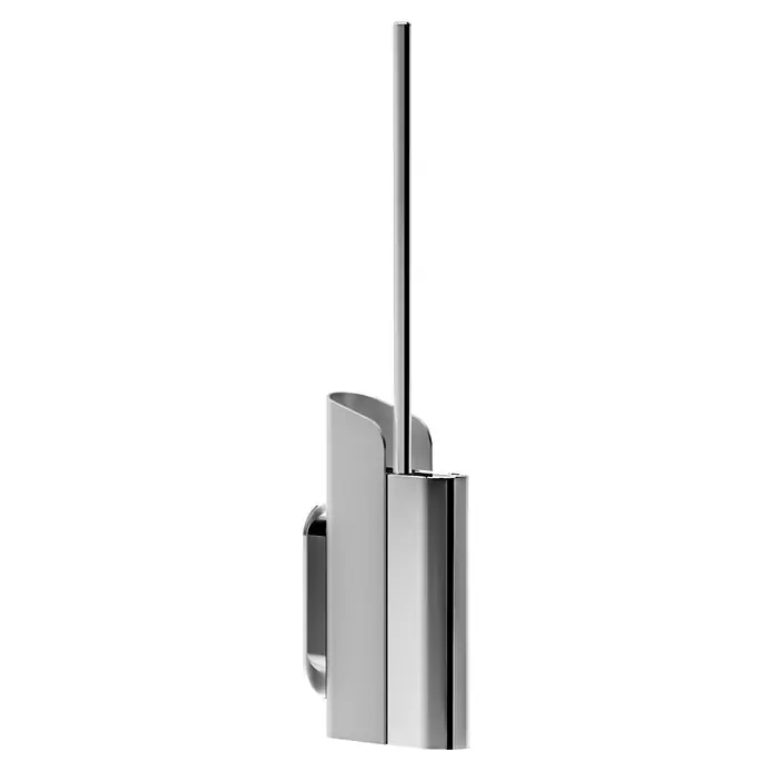 Cosmic Escobillero de suelo y pared Slim - Silicona, Cromo - Un portaesobillas de váter plateado con un cepillo largo y delgado. El diseño es elegante y moderno, ideal para baños.