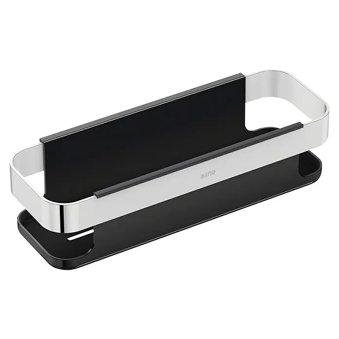 Cosmic Cesta de baño Line - 10,6 x 30 x 8 cm, Acero inoxidable, Cromo/Negro - Primer plano de un estante de esquina negro y plateado, que muestra una solución de almacenamiento de baño elegante y práctica.