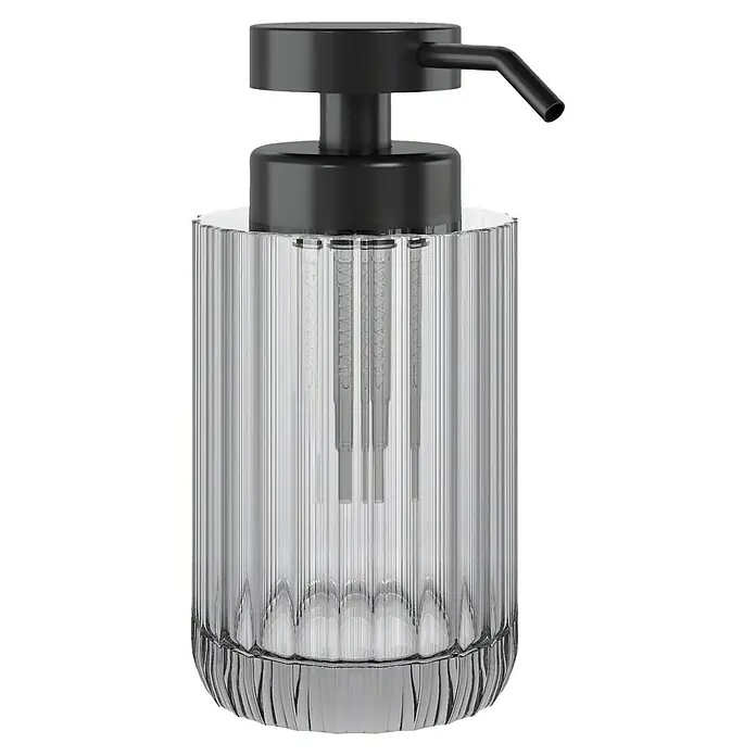 Cosmic Lido Dispensador de jabón - L x An x Al: 78 x 78 x 172 cm, Vidrio, Smokey grey - Un elegante dispensador de jabón con recipiente de vidrio acanalado y cabezal de bomba negro, ideal para baños o cocinas.