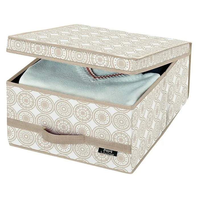 Caja para ropa Ella - 45 x 35 x 18 cm, Plástico - Caja de almacenamiento de tela con tapa, adornada con un estampado geométrico, ideal para organizar ropa y accesorios en el hogar.
