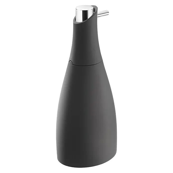 Cosmic Saku Dispensador de jabón - L x An x Al: 8 x 7 x 19 cm, Plástico, Negro - Dispensador de jabón gris con botón plateado brillante y boquilla para baño o cocina, diseño minimalista.
