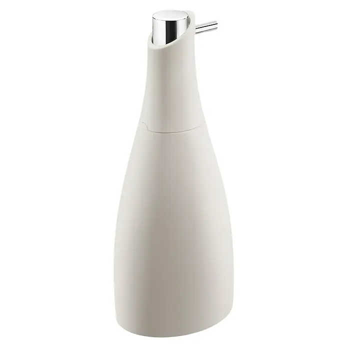 Cosmic Saku Dispensador de jabón - L x An x Al: 8 x 7 x 19 cm, Plástico, Piedra - Elegante botella dispensadora de jabón blanca con un cabezal dispensador cromado. Un accesorio elegante para cualquier baño o cocina.
