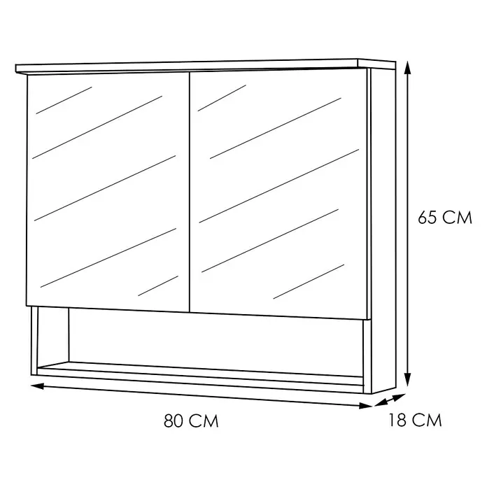 Artysan Armario con espejo LED Abi 2P - An x Al: 80 x 65 cm, Plástico, Blanco - Ilustración de un mueble de baño con espejos y un estante, que mide 80 cm de ancho, 65 cm de alto y 18 cm de profundidad.