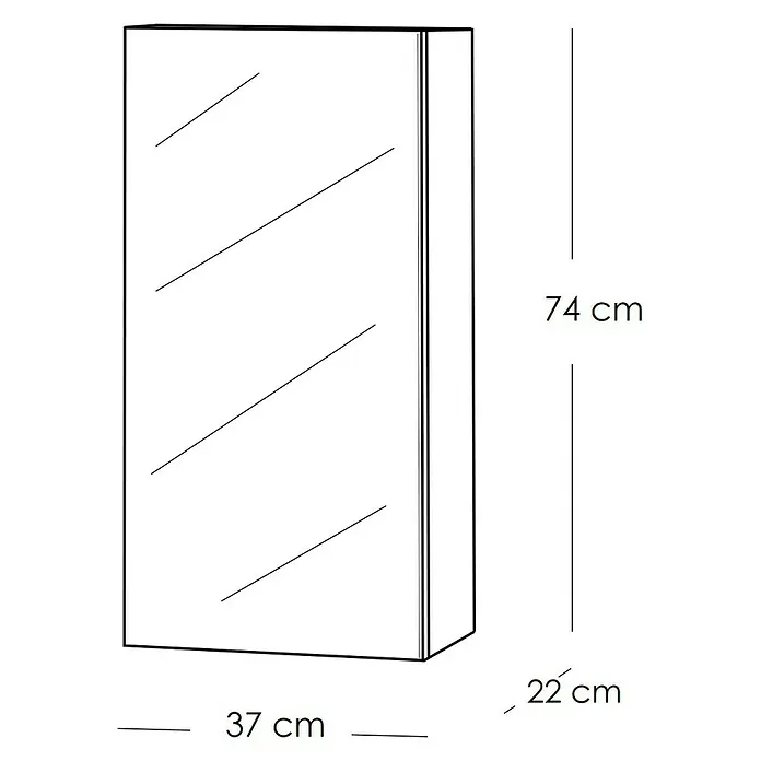 Artysan Armario con espejo Leo 1P - An x Al: 37 x 74 cm, Plástico, Blanco - Ilustración de un mueble de baño con espejo que muestra dimensiones de 37 cm de ancho, 22 cm de profundidad y 74 cm de altura.
