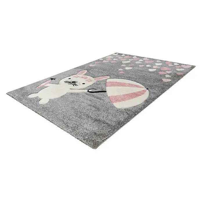 Kayoom Kinderteppich Hase mit Regenschirm - Rosa, 150 x 80 cm, 100 % Polypropylen - Kinderteppich mit niedlichem Hasen- und Regenschirmdesign, ideal für jedes Kinderzimmer. Weicher, grauer Teppich mit rosa Akzenten und Herzmuster.