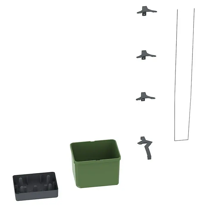 Gusta Garden Pflanzkasten Curt Cucumber - Außenmaß (L x B x H): 34,7 x 28,1 x 13,8 cm, Kunststoff, Blau, Rankhilfe - Das Bild zeigt ein Pflanzgefäß-Set mit einem grünen Behälter, einem grauen Untersetzer, Stützen und einem Stab für den vertikalen Gartenbau.