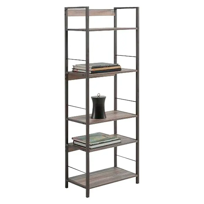 Estantería de madera Kala Industrial - Al x An x Pr: 150 x 52 x 30 cm, Número de baldas: 5 ud., Atornillado, Marrón/Negro - Una estantería de cinco niveles con marco de metal. Ofrece un almacenamiento elegante para libros y objetos decorativos.