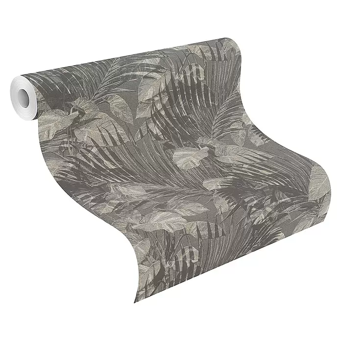 SCHÖNER WOHNEN-Kollektion Cosyliving Vliestapete TROPICAL Schattenblatt - Anthrazit, Floral, 10,05 x 0,53 m - Ausgerollte Tapetenrolle in Grau- und Beigetönen mit tropischem Blättermuster.