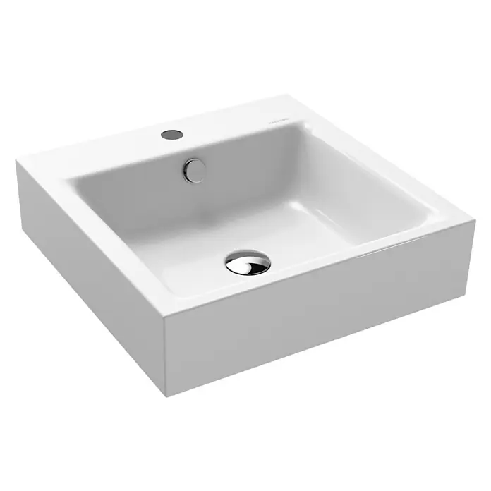 Kaldewei Waschtisch Puro - 46 x 46 cm, Mit schmutzabweisender Glasur, Hahnloch: Mitte, Mit Überlauf, Weiß - Nahaufnahme eines modernen, rechteckigen Aufsatzwaschbeckens in Weiß mit Chromarmaturen.