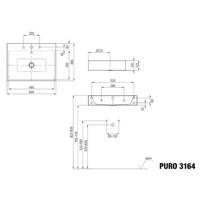 Kaldewei Waschtisch Puro - 60 x 46 cm, Mit schmutzabweisender Glasur, Hahnloch: Mitte, Mit Überlauf, Weiß - Technische Zeichnung des PURO 3164 Waschtischs mit Maßangaben zu Abmessungen, Montage und Details für Badplanung und Installation.