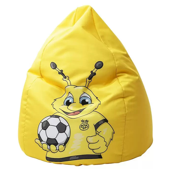 Sitting Point Sitzsack VIP Beanbag - XL, BVB Emma, 100 % Polyester - Gelber Sitzsack mit einer Cartoon-Biene, die einen Fußball und das BVB-Logo hält.